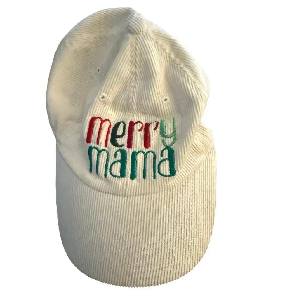 Vibes Hat Merry Mama Corduroy Adjustable Baseball Cap White Embroidered Holiday